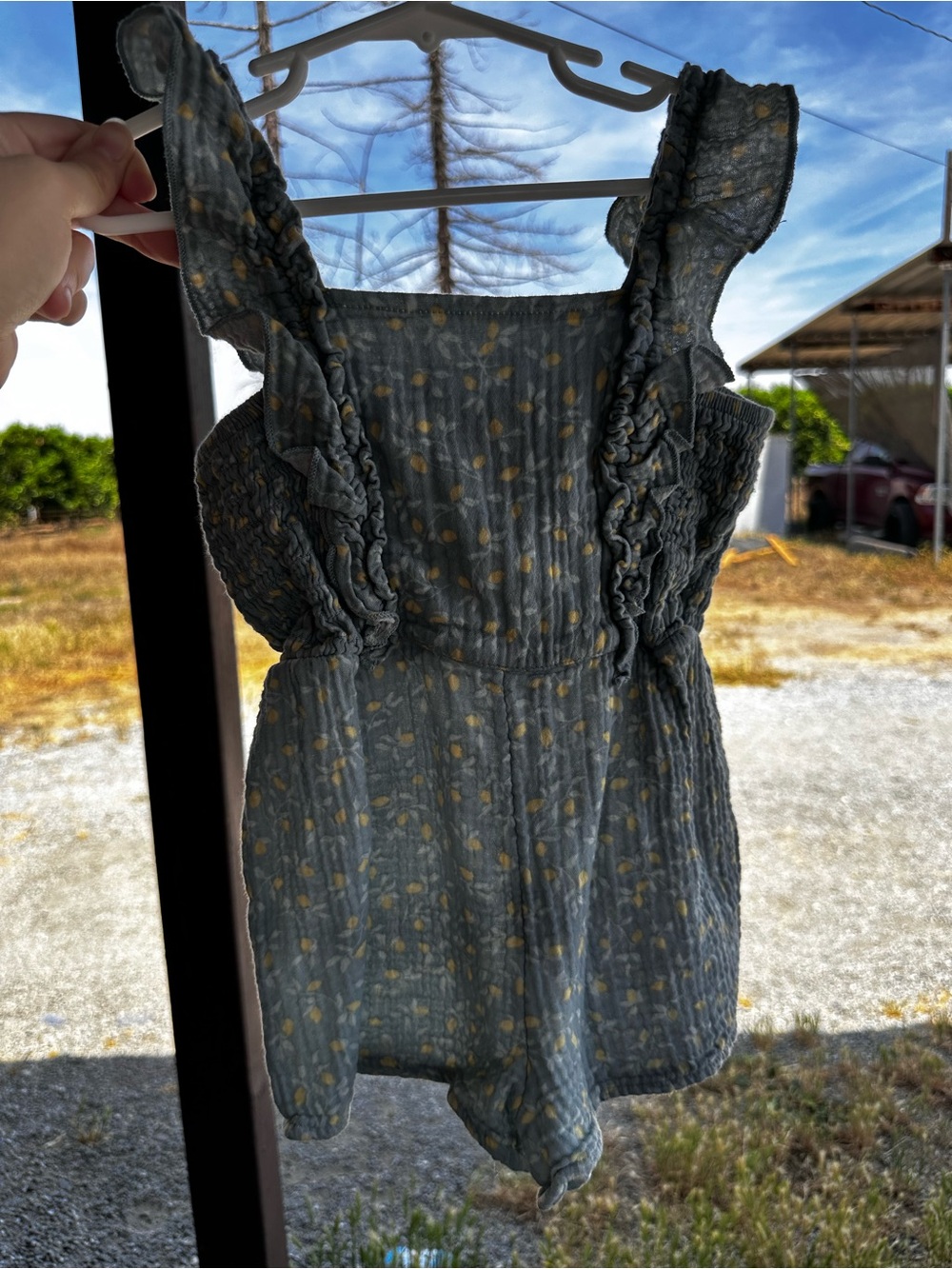 Adorable Ruffled Strap Floral Romper in Dusty Blue and Yellow